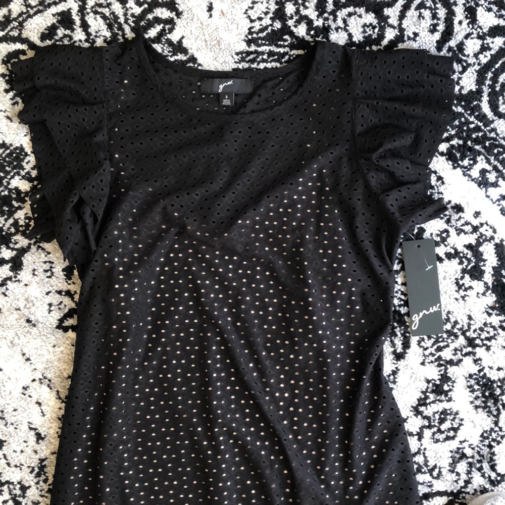 NWT GNW Black Eyelet Ruffle Sleeve Shift Dress